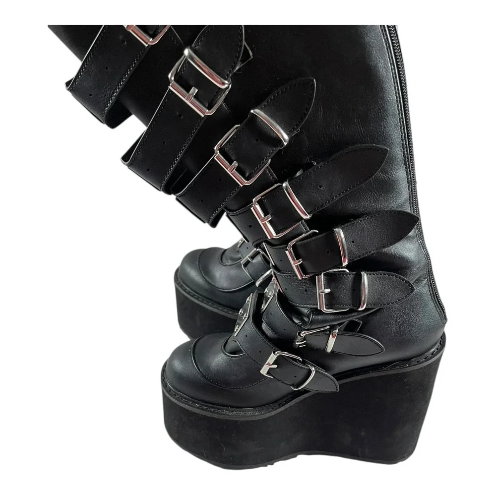 Demonia Gothic Platform Knee-High Boots Vegan Leather Buckle Zipper Size 8